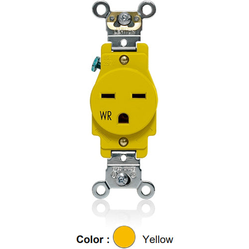 Leviton W5361-Y, Weather-Resistant Standard Straight Blade Single Receptacle, Heavy-Duty Industrial Specification Grade, Smooth Face, 20A 125V, NEMA 5-20R, 2-Pole, 3-Wire, Back and Side Wire, Yellow