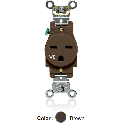 Leviton W5661, Weather-Resistant Standard Straight Blade Single Receptacle, Heavy-Duty Industrial Specification Grade, Smooth Face, 15A 250V, NEMA 6-15R, 2-Pole, 3-Wire, Back and Side Wire, Brown