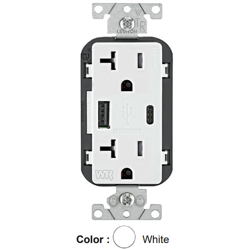 Leviton W5833-W, 25+W (5.1 A) Dual Type A/C USB In-Wall Charger with Duplex Weather-Resistant Receptacle, 20A 125V, Grounding, White