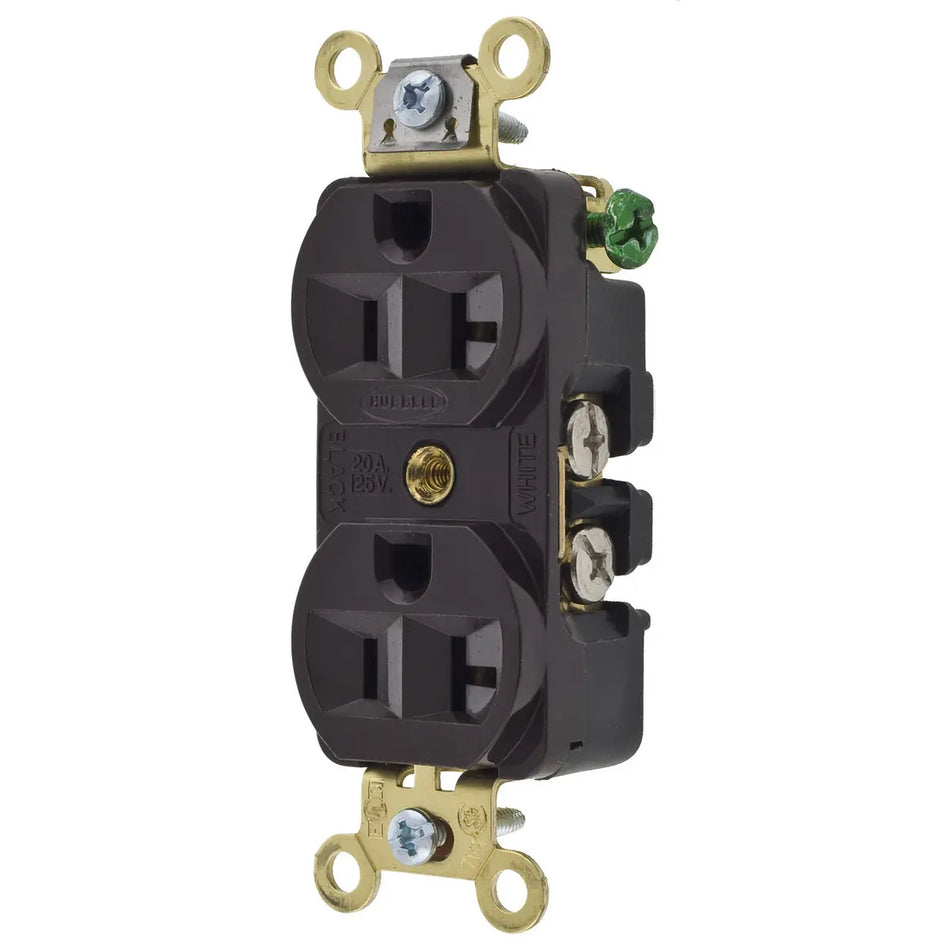 Hubbell HBL5352BK, Extra Heavy Duty Max Compact Duplex Receptacles, Industrial Grade, Back and Side Wired, 20A 125V, 5-20R, 2-Pole 3-Wire Grounding, Black