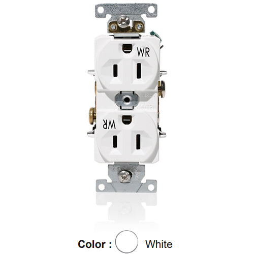 Leviton WBR15-W, Weather-Resistant Standard Straight Blade Duplex Receptacle, Heavy-Duty Industrial Specification Grade, Indented Face, 15A 125V, NEMA 5-15R, 2-Pole, 3-Wire, Self-Grounding, Back and Side Wire, White