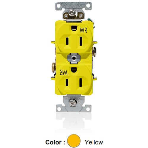 Leviton WBR15-Y, Weather-Resistant Standard Straight Blade Duplex Receptacle, Heavy-Duty Industrial Specification Grade, Indented Face, 15A 125V, NEMA 5-15R, 2-Pole, 3-Wire, Self-Grounding, Back and Side Wire, Yellow