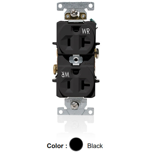 Leviton WBR20-E, Weather-Resistant Standard Straight Blade Duplex Receptacle, Heavy-Duty Industrial Specification Grade, Indented Face, 20A 125V, NEMA 5-20R, 2-Pole, 3-Wire, Self-Grounding, Back and Side Wire, Black