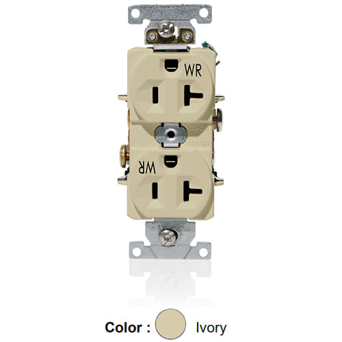 Leviton WBR20-I, Weather-Resistant Standard Straight Blade Duplex Receptacle, Heavy-Duty Industrial Specification Grade, Indented Face, 20A 125V, NEMA 5-20R, 2-Pole, 3-Wire, Self-Grounding, Back and Side Wire, Ivory