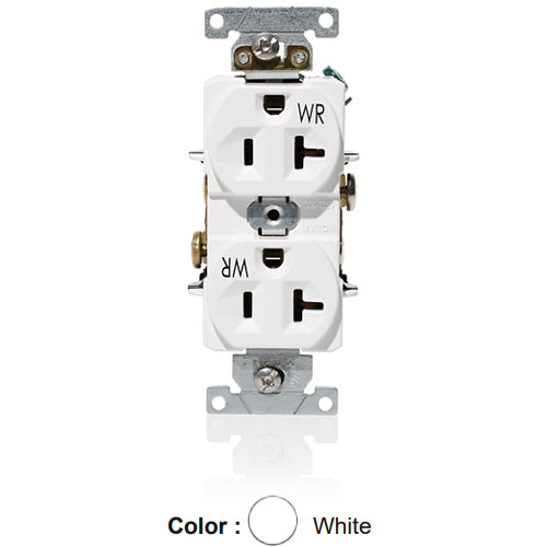 Leviton WBR20-W, Weather-Resistant Standard Straight Blade Duplex Receptacle, Heavy-Duty Industrial Specification Grade, Indented Face, 20A 125V, NEMA 5-20R, 2-Pole, 3-Wire, Self-Grounding, Back and Side Wire, White