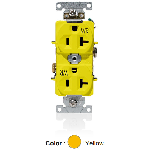 Leviton WBR20-Y, Weather-Resistant Standard Straight Blade Duplex Receptacle, Heavy-Duty Industrial Specification Grade, Indented Face, 20A 125V, NEMA 5-20R, 2-Pole, 3-Wire, Self-Grounding, Back and Side Wire, Yellow