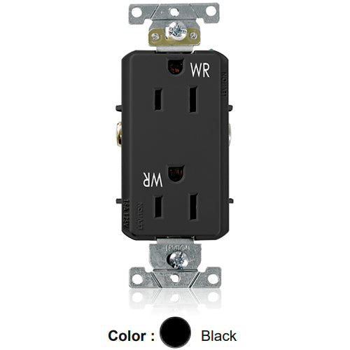 Leviton WDR15-E, Decora Plus Straight Blade Duplex Receptacle, Heavy-Duty Industrial Specification Grade, Weather-Resistant, Smooth Face, 15A 125V, NEMA 5-15R, 2-Pole, 3-Wire, Back and Side Wire, Black