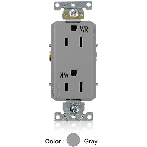 Leviton WDR15-GY, Decora Plus Straight Blade Duplex Receptacle, Heavy-Duty Industrial Specification Grade, Weather-Resistant, Smooth Face, 15A 125V, NEMA 5-15R, 2-Pole, 3-Wire, Back and Side Wire, Gray