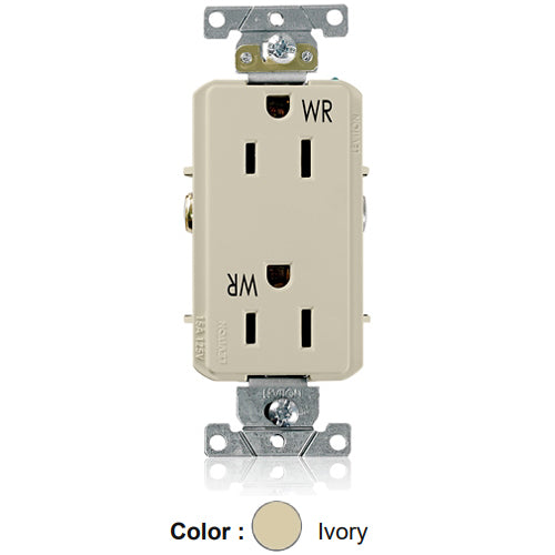 Leviton WDR15-I, Decora Plus Straight Blade Duplex Receptacle, Heavy-Duty Industrial Specification Grade, Weather-Resistant, Smooth Face, 15A 125V, NEMA 5-15R, 2-Pole, 3-Wire, Back and Side Wire, Ivory