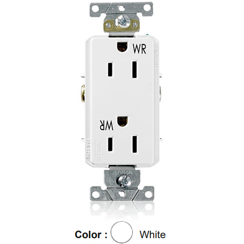 Leviton WDR15-W, Decora Plus Straight Blade Duplex Receptacle, Heavy-Duty Industrial Specification Grade, Weather-Resistant, Smooth Face, 15A 125V, NEMA 5-15R, 2-Pole, 3-Wire, Back and Side Wire, White