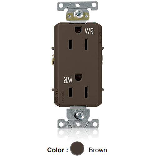Leviton WDR15, Decora Plus Straight Blade Duplex Receptacle, Heavy-Duty Industrial Specification Grade, Weather-Resistant, Smooth Face, 15A 125V, NEMA 5-15R, 2-Pole, 3-Wire, Back and Side Wire, Brown