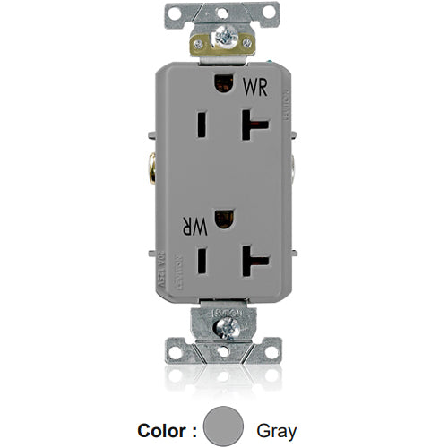 Leviton WDR20-GY, Decora Plus Straight Blade Duplex Receptacle, Heavy-Duty Industrial Specification Grade, Weather-Resistant, Smooth Face, 20A 125V, NEMA 5-20R, 2-Pole, 3-Wire, Back and Side Wire, Gray