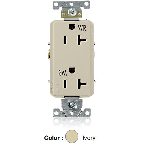Leviton WDR20-I, Decora Plus Straight Blade Duplex Receptacle, Heavy-Duty Industrial Specification Grade, Weather-Resistant, Smooth Face, 20A 125V, NEMA 5-20R, 2-Pole, 3-Wire, Back and Side Wire, Ivory