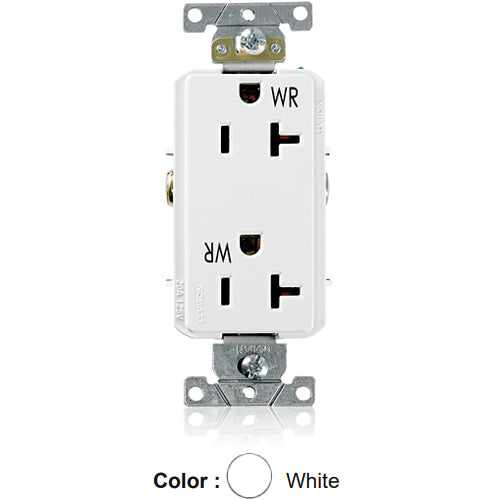 Leviton WDR20-W, Decora Plus Straight Blade Duplex Receptacle, Heavy-Duty Industrial Specification Grade, Weather-Resistant, Smooth Face, 20A 125V, NEMA 5-20R, 2-Pole, 3-Wire, Back and Side Wire, White