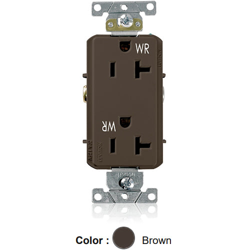 Leviton WDR20, Decora Plus Straight Blade Duplex Receptacle, Heavy-Duty Industrial Specification Grade, Weather-Resistant, Smooth Face, 20A 125V, NEMA 5-20R, 2-Pole, 3-Wire, Back and Side Wire, Brown