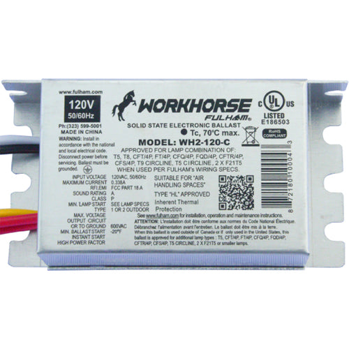 Fulham WH2-120-C, WorkHorse 2 Instant Start Fluorescent Solid State Electronic Ballast, 120VAC 50/60Hz Input, 0.33A Max, 35W Max, Compact Case, Side Leads