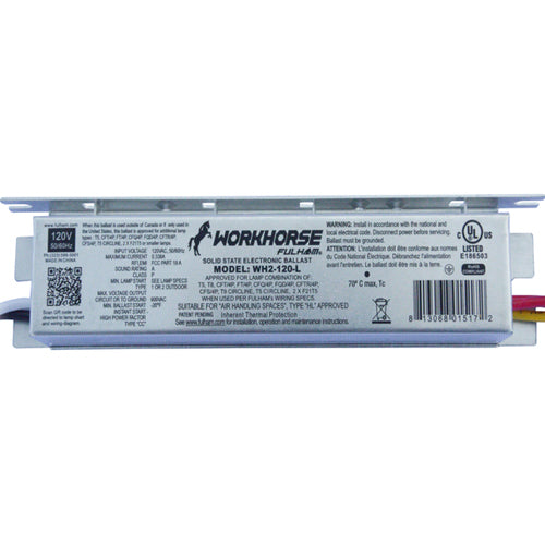 Fulham WH2-120-L, CWH2-120-L, WorkHorse 2 Instant Start Fluorescent Solid State Electronic Ballast, 120VAC 60Hz Input, 0.33A Max, 35W Max, Linear Case, Side Leads