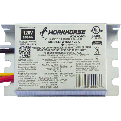 Fulham WH22-120-C, WorkHorse 22 Instant Start Fluorescent Solid State Electronic Ballast, 120VAC 60Hz Input, 0.32A Max, 35W Max, Compact Case, Side Leads
