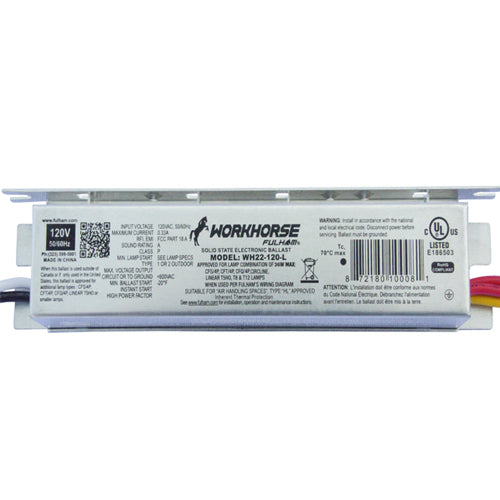 Fulham WH22-120-L, WorkHorse 22 Instant Start Fluorescent Solid State Electronic Ballast, 120VAC 60Hz Input, 0.32A Max, 35W Max, Linear Case, Side Leads
