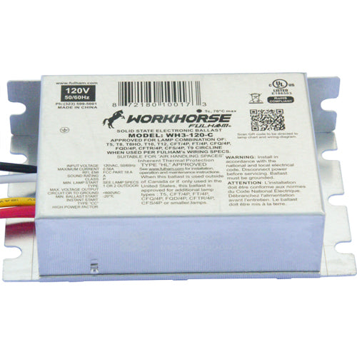 Fulham WH3-120-C, WorkHorse 3 Instant Start Fluorescent Solid State Electronic Ballast, 120VAC 50/60Hz Input, 0.56A Max, 64W Max, Compact Case, Side Leads