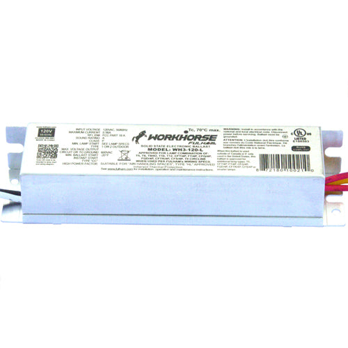 Fulham WH3-120-L, WorkHorse 3 Instant Start Fluorescent Solid State Electronic Ballast, 120VAC 50/60Hz Input, 0.56A Max, 64W Max, Linear Case, Side Leads