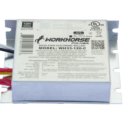 Fulham WH33-120-C, Workhorse 33 Instant Start Fluorescent Solid State Electronic Ballast, 120VAC 60Hz Input, 0.53A Max, 64W Max, Compact Case, Side Leads