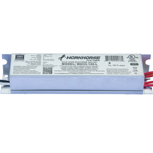 Fulham WH33-120-L, CWH33-120-L, Workhorse 33 Instant Start Fluorescent Solid State Electronic Ballast, 120VAC 60Hz Input, 0.53A Max, 64W Max, Linear Case, Side Leads
