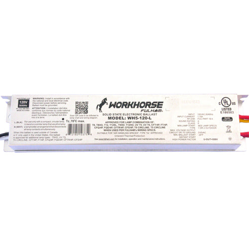 Fulham WH5-120-L, CWH5-120-L, Workhorse 5 Instant Start Fluorescent Solid State Electronic Ballast, 120VAC 50/60Hz Input, 1.15A Max, 128W Max, Linear Case, Side Leads