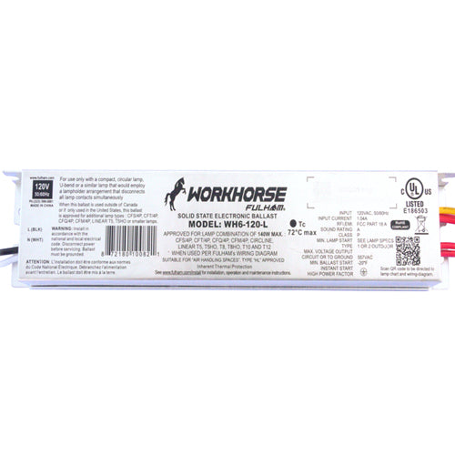 Fulham WH6-120-L, Workhorse 6 Instant Start Fluorescent Solid State Electronic Ballast, 120VAC 60Hz Input, 1.04A Max, 140W Max, Linear Case, Side Leads