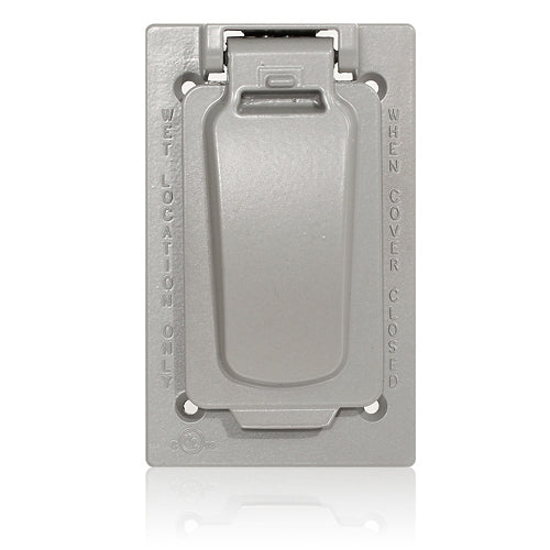 Leviton WM1VF-GY, 1-Gang Weatherproof Cover for Decora or GFCI Receptacle, Vertical FS Box Mount, Die-Cast Metallic Enclosure, Self Closing Flat Lid, Gray