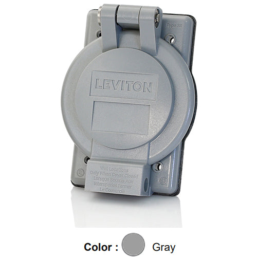 Leviton WP4-G, 1-Gang Weatherproof Cover for 50 Amp Flanged Inlets & Outlets Mounted In Front of Panel, 2.6 Inch Diameter, Panel Mount, Industrial Grade, IP64, NEMA 3R, Vertical Self Closing Lid, Gray