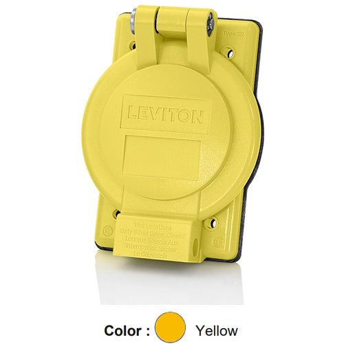 Leviton WP4-YL, 1-Gang Weatherproof Cover for 50 Amp Flanged Inlets & Outlets Mounted In Front of Panel, 2.6 Inch Diameter, Panel Mount, Industrial Grade, IP64, NEMA 3R, Vertical Self Closing Lid, Yellow