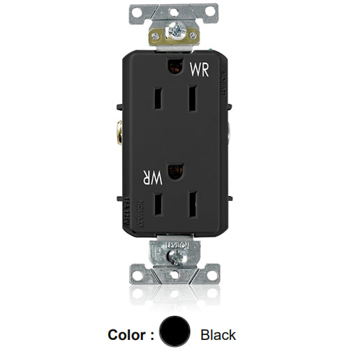 Leviton WTD15-E, Decora Plus Straight Blade Duplex Receptacle, Heavy-Duty Industrial Specification Grade, Weather and Tamper-Resistant, Smooth Face, 15A 125V, NEMA 5-15R, 2-Pole, 3-Wire, Back and Side Wire, Black