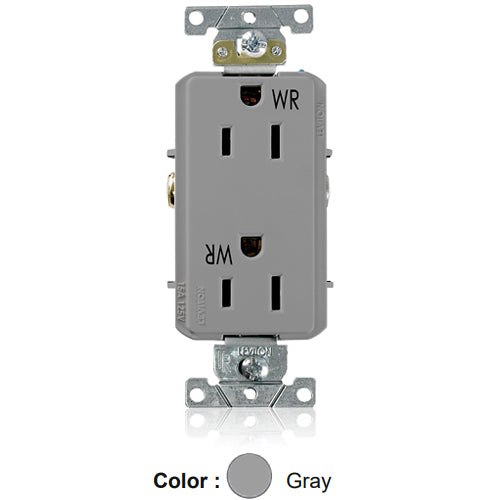 Leviton WTD15-GY, Decora Plus Straight Blade Duplex Receptacle, Heavy-Duty Industrial Specification Grade, Weather and Tamper-Resistant, Smooth Face, 15A 125V, NEMA 5-15R, 2-Pole, 3-Wire, Back and Side Wire, Gray
