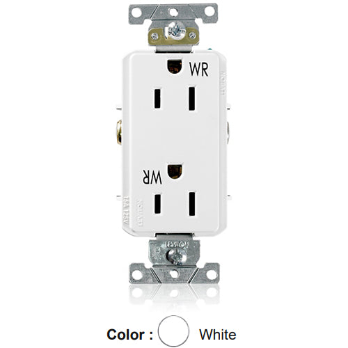 Leviton WTD15-W, Decora Plus Straight Blade Duplex Receptacle, Heavy-Duty Industrial Specification Grade, Weather and Tamper-Resistant, Smooth Face, 15A 125V, NEMA 5-15R, 2-Pole, 3-Wire, Back and Side Wire, White