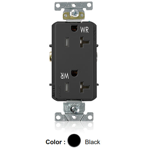 Leviton WTD20-E, Decora Plus Straight Blade Duplex Receptacle, Heavy-Duty Industrial Specification Grade, Weather and Tamper-Resistant, Smooth Face, 20A 125V, NEMA 5-20R, 2-Pole, 3-Wire, Back and Side Wire, Black