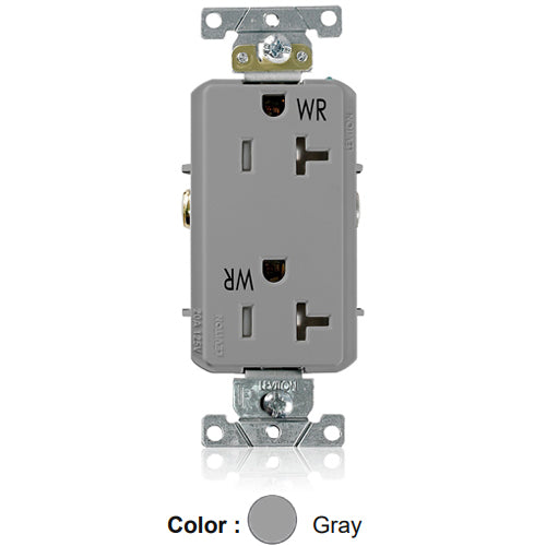 Leviton WTD20-GY, Decora Plus Straight Blade Duplex Receptacle, Heavy-Duty Industrial Specification Grade, Weather and Tamper-Resistant, Smooth Face, 20A 125V, NEMA 5-20R, 2-Pole, 3-Wire, Back and Side Wire, Gray