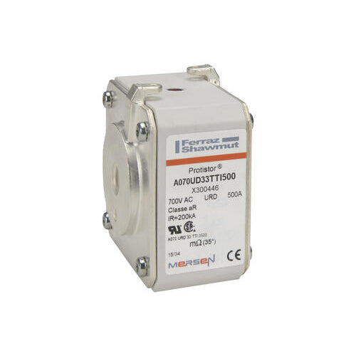 Mersen X300446, Square Body High-Speed Fuse, Fast Acting, Size 33 aR, 690/700VAC, 500A, With Striker Flush ends UNC threads