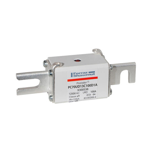 Mersen X300538, Square Body High-Speed Fuse, Fast Acting, Size 70 aR, 1250/1300VAC, 100A, With Striker DIN 110 Blades