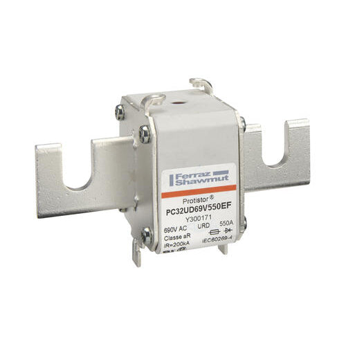 Mersen Y300171, Square Body High-Speed Fuse, Fast Acting, Size 32 aR, 690/700VAC, 550A, With Striker Open Slot Blades