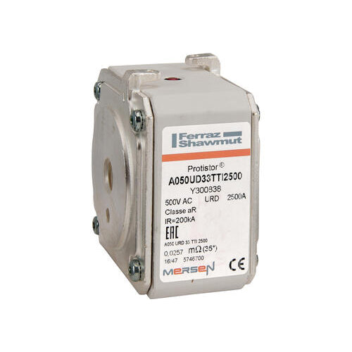 Mersen Y300838, Square Body High-Speed Fuse, Fast Acting, Size 33 aR, 450/500VAC, 2500A, With Striker Flush ends UNC threads