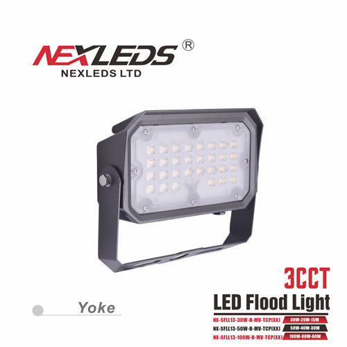 NEXLEDS NXSFLL-13-30W-H-MV-TCP(Yoke), 3CCT LED Flood Light, CCT and Wattage Adjustable, 120-347VAC, 15/20/30W, 130LM/W, 3000/4000/5000K, Bronze, Yoke Mount