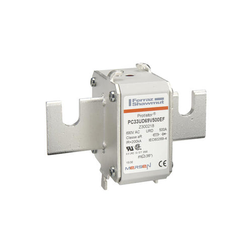 Mersen Z300218, Square Body High-Speed Fuse, Fast Acting, Size 33 aR, 690/700VAC, 500A, With Striker Open Slot Blades