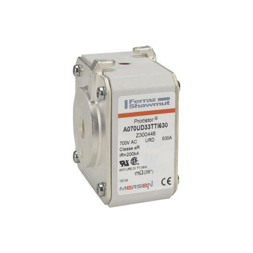 Mersen Z300448, Square Body High-Speed Fuse, Fast Acting, Size 33 aR, 690/700VAC, 630A, With Striker Flush ends UNC threads