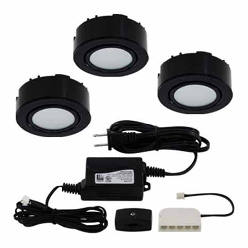 Liteline UCP-LED3-BK, LED 3-Puck Light Kit, Surface Mounted or Recessed, 1.8W per Puck, 12V, 3000K Warm White, Black Finish