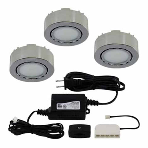 Liteline UCP-LED3-CH, LED 3-Puck Light Kit, Surface Mounted or Recessed, 1.8W per Puck, 12V, 3000K Warm White, Chrome Finish