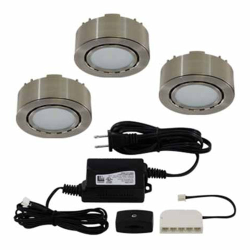 Liteline UCP-LED3-4K-MN, 3 LED Puck Lights, Surface or Recessed Mounted, 2W, 12V, 4000K Cool White, Matte Nickel Finish