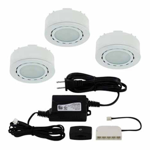 Liteline UCP-LED3-4K-WH, 3 LED Puck Lights, Surface or Recessed Mounted, 2W, 12V, 4000K Cool White, White Finish