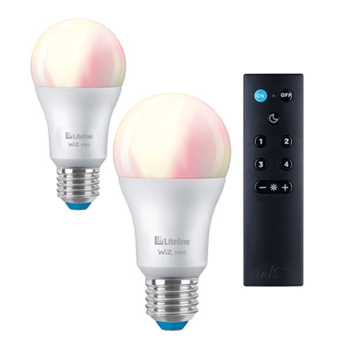 Liteline LC-A19-RGBTW-RMT-2, OnCloud remote + 2 bulbs starter kit. Includes two RGB + tunable White A19 bulbs and a multi-function remote control