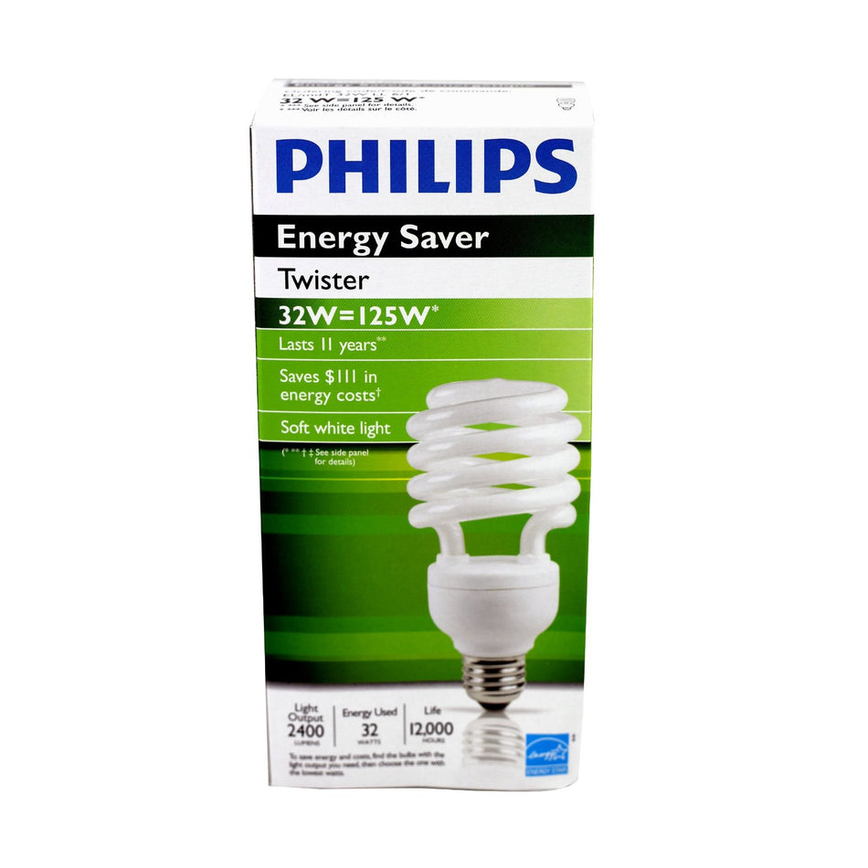 Philips 156398, EL/MDT 32W TWISTER, CFL Twister 32 Watt EL/mdT 120V, 2700K Soft White, Medium E26 Base, Equal 125 Incandescent Bulb, 12,000 Hours Long Life
